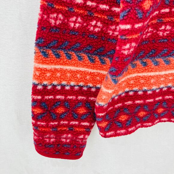 LL Bean Fleece Sweater Womens XL Cozy Cottage Funnel Neck Fair Isle Pullover Red - Picture 5 of 14